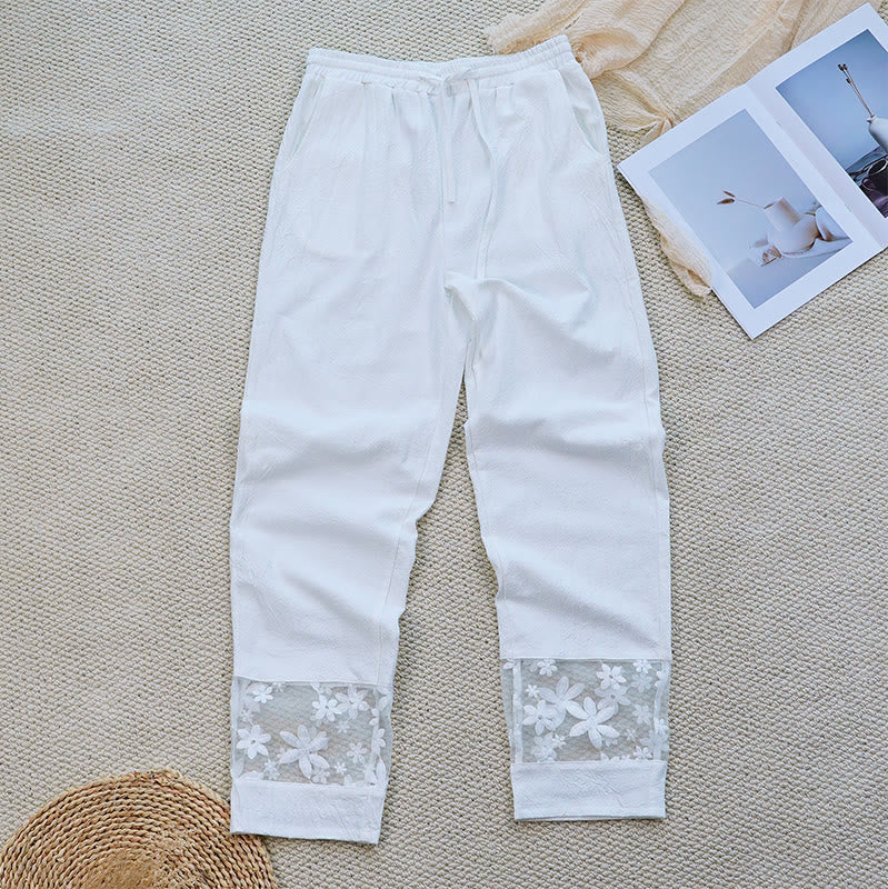 Pantalones de lino y algodón con bolsillos para mujer, diseño de patchwork, liso, con diseño floral y encaje, de Buddha Stones Summer Daily