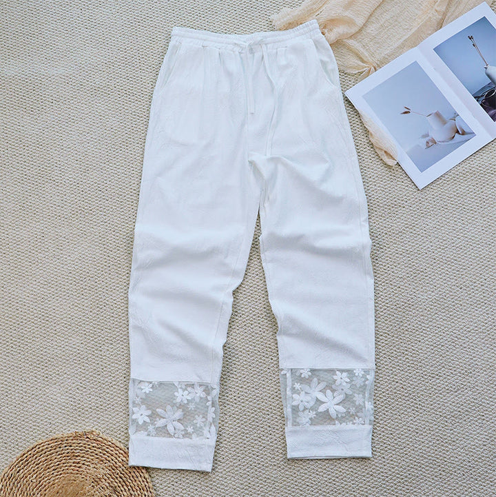 Pantalones de lino y algodón con bolsillos para mujer, diseño de patchwork, liso, con diseño floral y encaje, de Buddha Stones Summer Daily