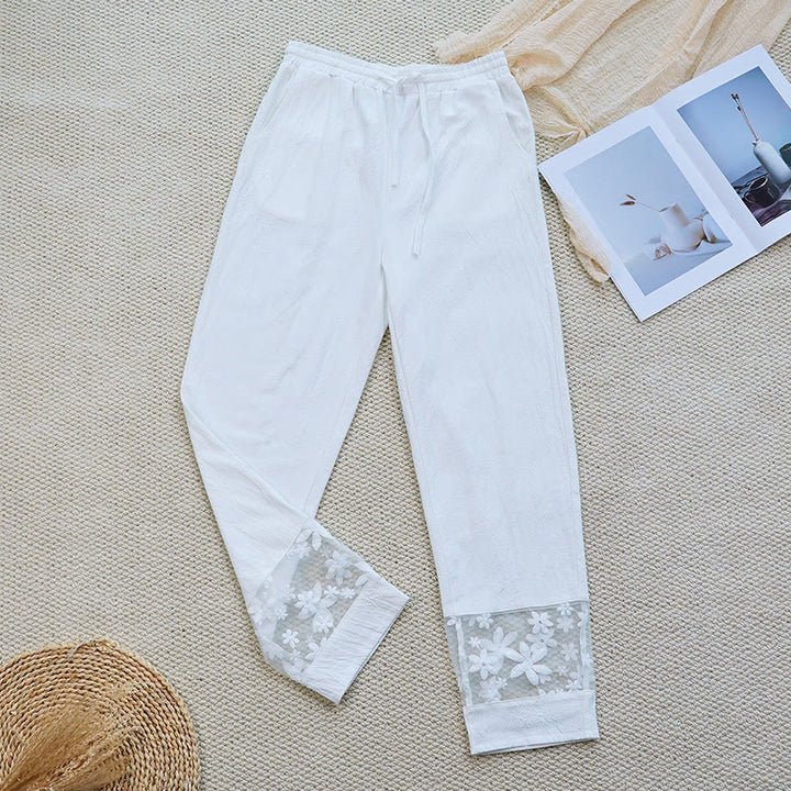 Pantalones de lino y algodón con bolsillos para mujer, diseño de patchwork, liso, con diseño floral y encaje, de Buddha Stones Summer Daily