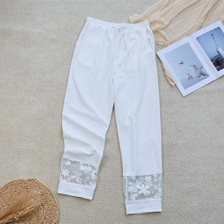 Pantalones de lino y algodón con bolsillos para mujer, diseño de patchwork, liso, con diseño floral y encaje, de Buddha Stones Summer Daily