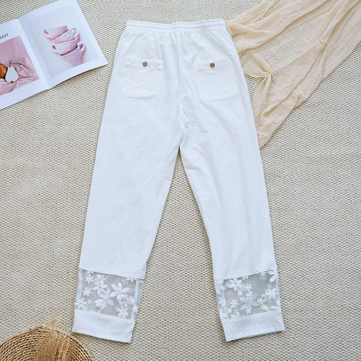 Pantalones de lino y algodón con bolsillos para mujer, diseño de patchwork, liso, con diseño floral y encaje, de Buddha Stones Summer Daily
