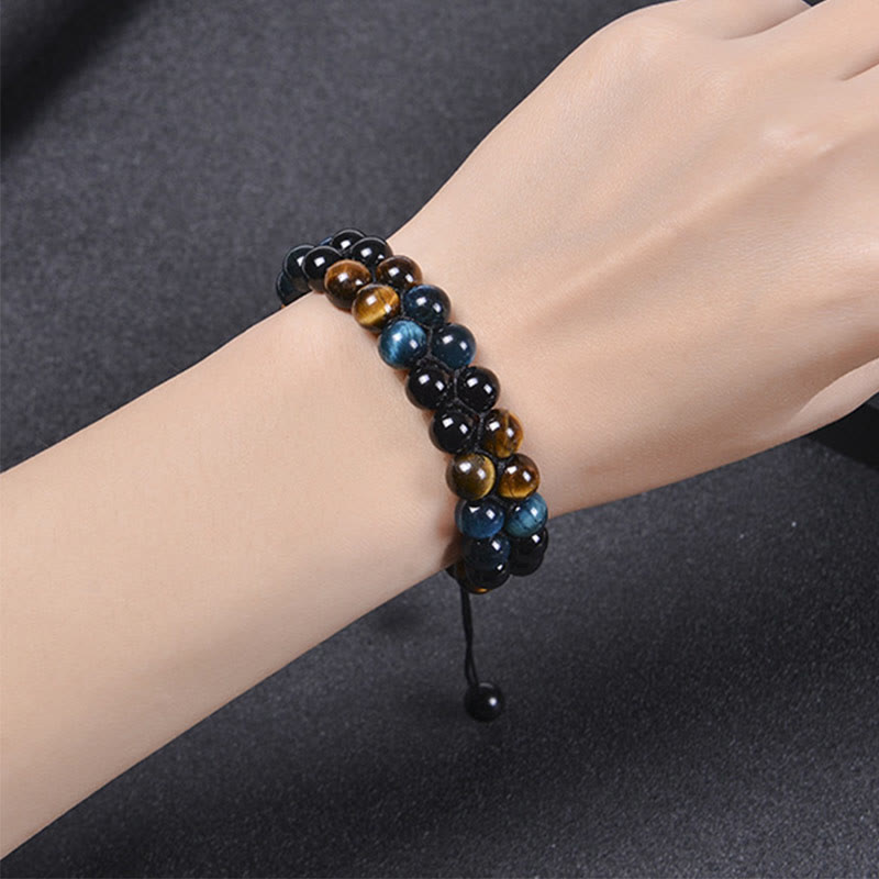 Pulsera de fuerza con cuentas de doble hilera de magnetita negra, ojo de tigre azul natural y Buddha Stones .