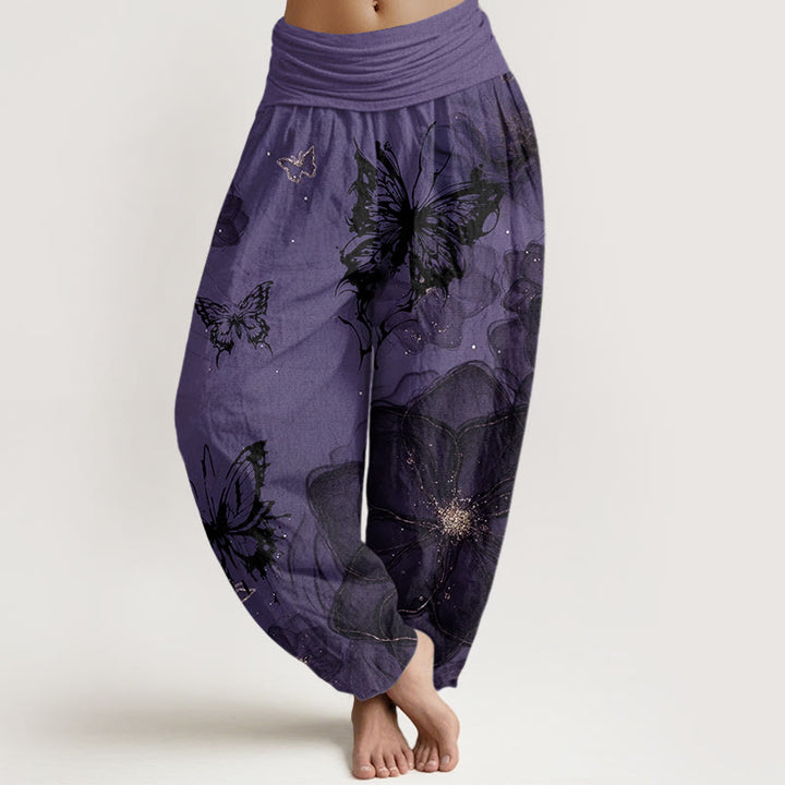Pantalones harén con cintura elástica para mujer con estampado de flores y mariposas y Buddha Stones - Violeta oscuro - US22，UK/AU26，EU54 (6XL) - image 0