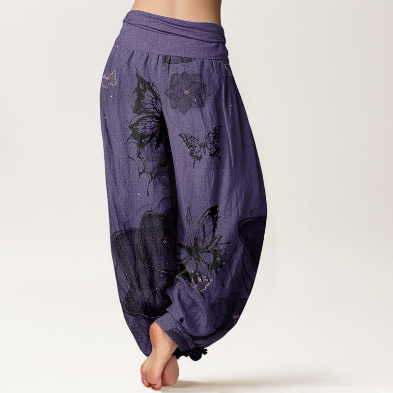 Pantalones harén con cintura elástica para mujer con estampado de flores y mariposas y Buddha Stones - image 1