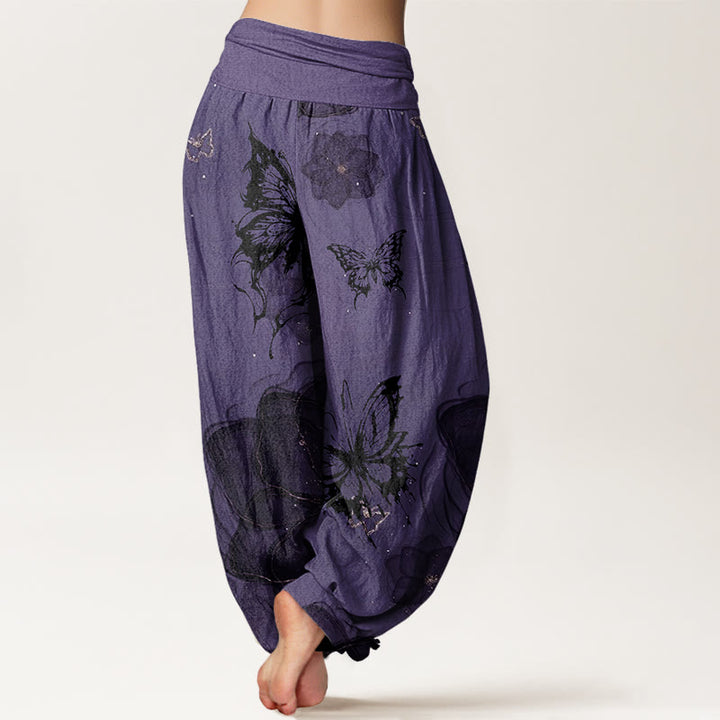 Pantalones harén con cintura elástica para mujer con estampado de flores y mariposas y Buddha Stones - image 1