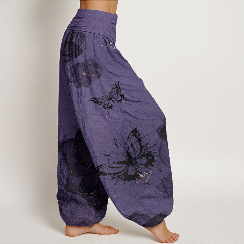 Pantalones harén con cintura elástica para mujer con estampado de flores y mariposas y Buddha Stones - image 2
