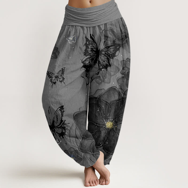 Pantalones harén con cintura elástica para mujer con estampado de flores y mariposas y Buddha Stones - Gris - US22，UK/AU26，EU54 (6XL) - image 4
