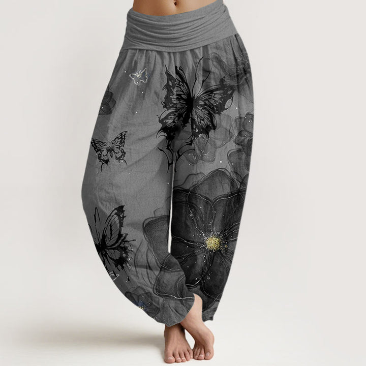 Pantalones harén con cintura elástica para mujer con estampado de flores y mariposas y Buddha Stones - Gris - US22，UK/AU26，EU54 (6XL) - image 4
