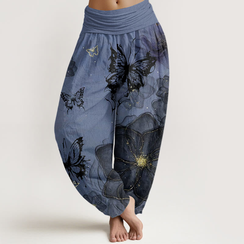 Pantalones harén con cintura elástica para mujer con estampado de flores y mariposas y Buddha Stones - Azul aciano - US22，UK/AU26，EU54 (6XL) - image 7