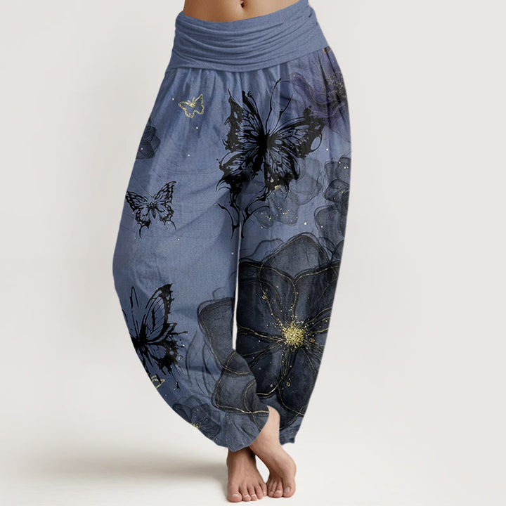 Pantalones harén con cintura elástica para mujer con estampado de flores y mariposas y Buddha Stones - Azul aciano - US22，UK/AU26，EU54 (6XL) - image 7