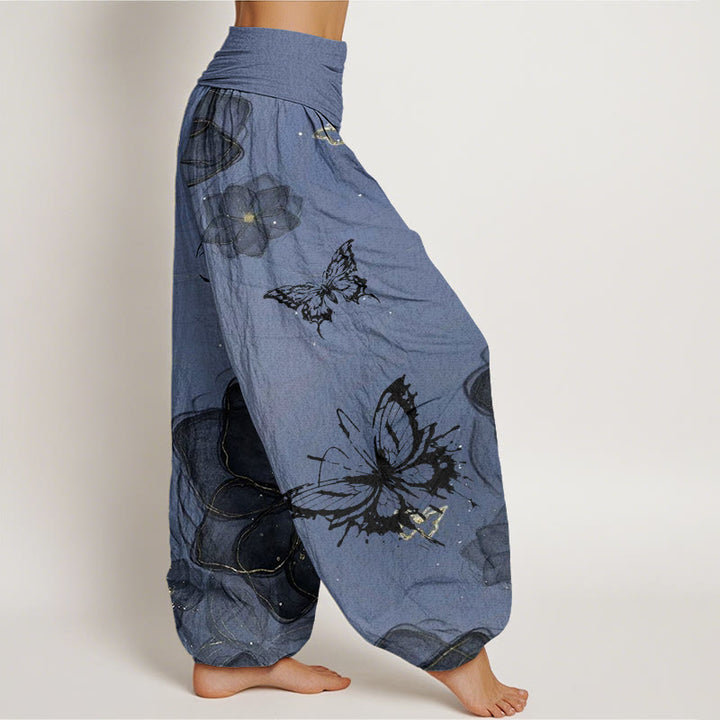 Pantalones harén con cintura elástica para mujer con estampado de flores y mariposas y Buddha Stones - image 9