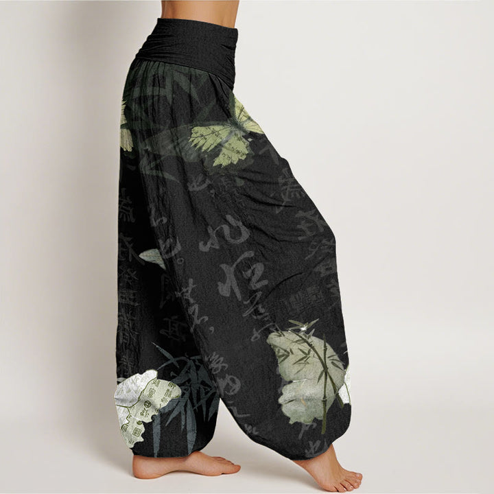 Pantalones bombachos de cintura elástica para mujer con estampado de piedras de Buddha Stones, hojas de bambú y caracteres chinos. - image 2