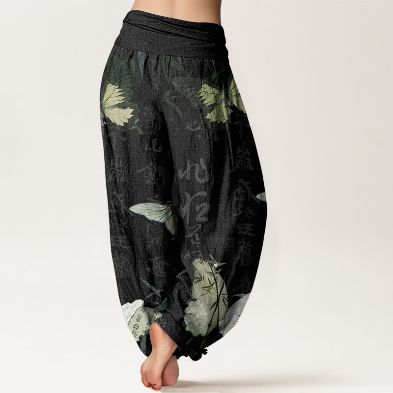 Pantalones bombachos de cintura elástica para mujer con estampado de piedras de Buddha Stones, hojas de bambú y caracteres chinos. - image 1