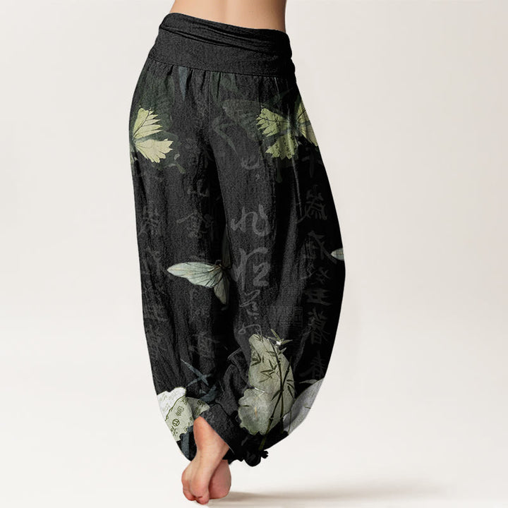 Pantalones bombachos de cintura elástica para mujer con estampado de piedras de Buddha Stones, hojas de bambú y caracteres chinos. - image 1