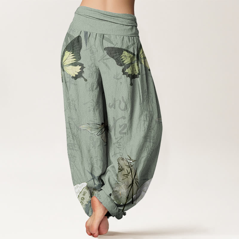 Pantalones harén de cintura elástica para mujer con diseño de Buddha Stones , hojas de bambú y caracteres chinos - image 6