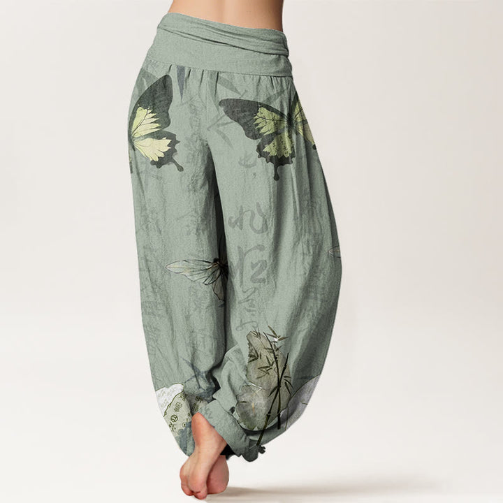 Pantalones harén de cintura elástica para mujer con diseño de Buddha Stones , hojas de bambú y caracteres chinos - image 6