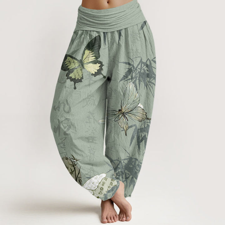 Pantalones bombachos de cintura elástica para mujer con estampado de piedras de Buddha Stones, hojas de bambú y caracteres chinos. - Verde mar oscuro - US22，UK/AU26，EU54 (6XL) - image 4