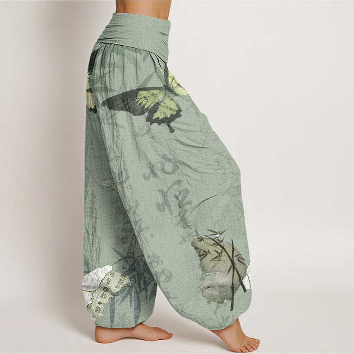 Pantalones bombachos de cintura elástica para mujer con estampado de piedras de Buddha Stones, hojas de bambú y caracteres chinos. - image 6
