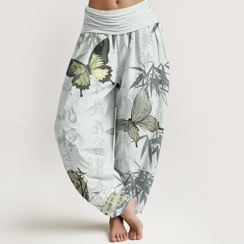 Pantalones harén de cintura elástica para mujer con diseño de Buddha Stones , hojas de bambú y caracteres chinos - Gotas de miel - US22，UK/AU26，EU54 (6XL) - image 8