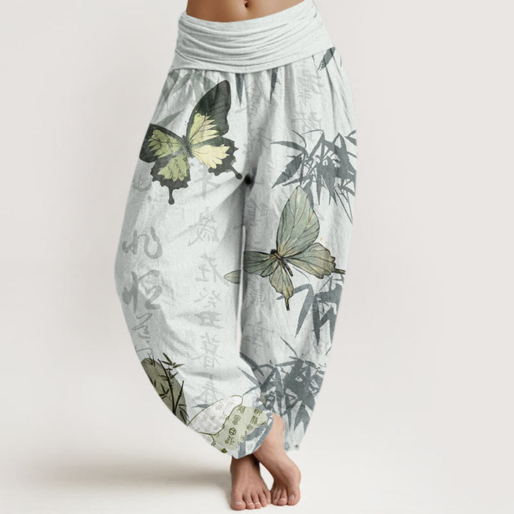 Pantalones harén de cintura elástica para mujer con diseño de Buddha Stones , hojas de bambú y caracteres chinos - Gotas de miel - US22，UK/AU26，EU54 (6XL) - image 8