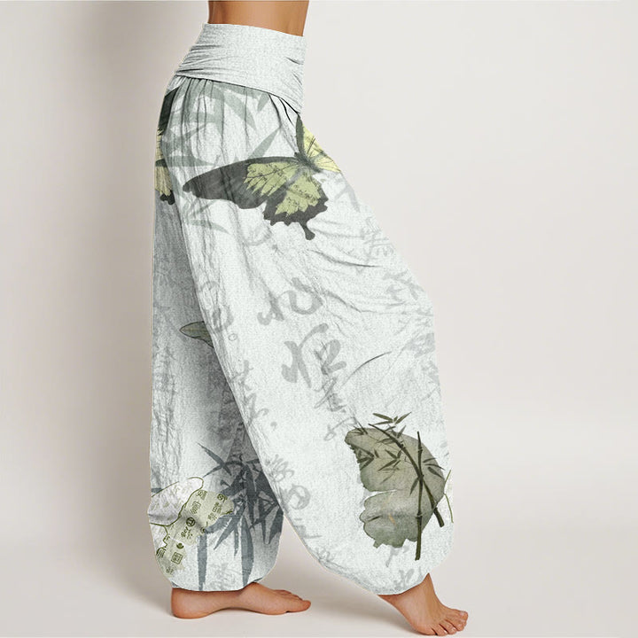 Pantalones bombachos de cintura elástica para mujer con estampado de piedras de Buddha Stones, hojas de bambú y caracteres chinos. - image 9