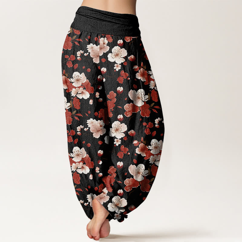 Pantalones harén con cintura elástica para mujer con diseño de flores de melocotón rosa y rojo y piedras de Buddha Stones - image 1