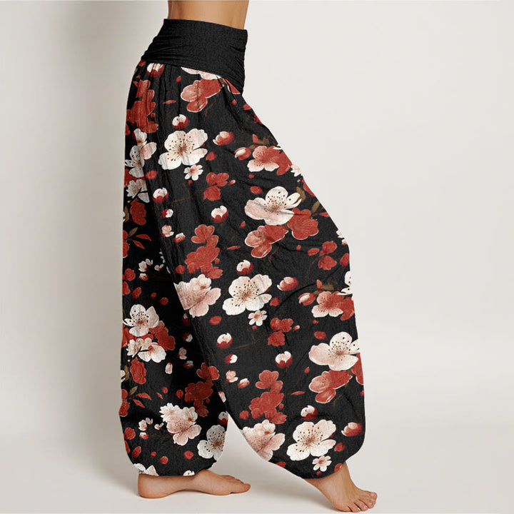 Pantalones harén con cintura elástica para mujer con diseño de flores de melocotón rosa y rojo y piedras de Buddha Stones - image 3