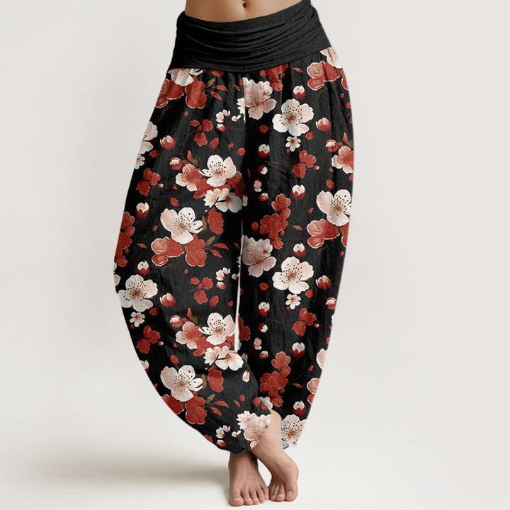 Pantalones bombachos de cintura elástica para mujer con diseño de flores de melocotón rosa y rojo con Buddha Stones y algodón. - Negro - US22，UK/AU26，EU54 (6XL) - image 0