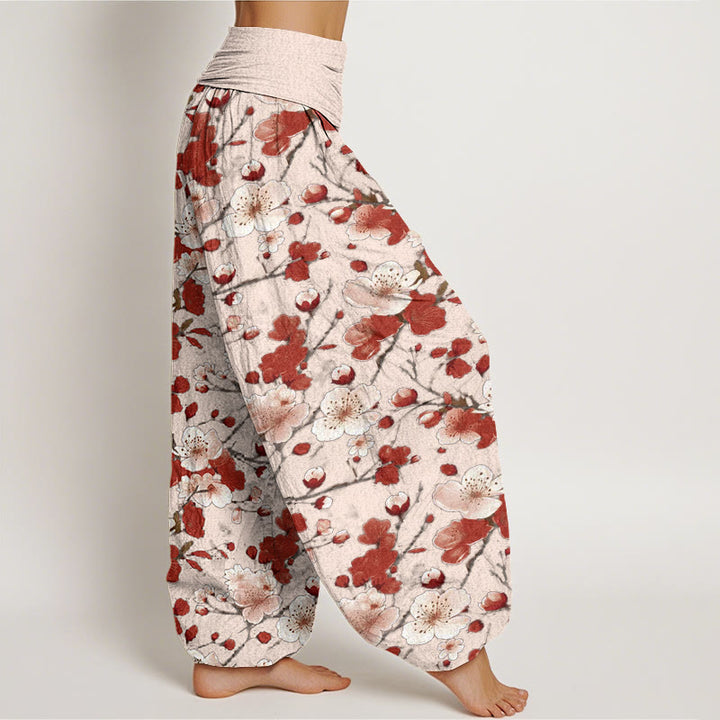 Pantalones harén con cintura elástica para mujer con diseño de flores de melocotón rosa y rojo y piedras de Buddha Stones - image 7