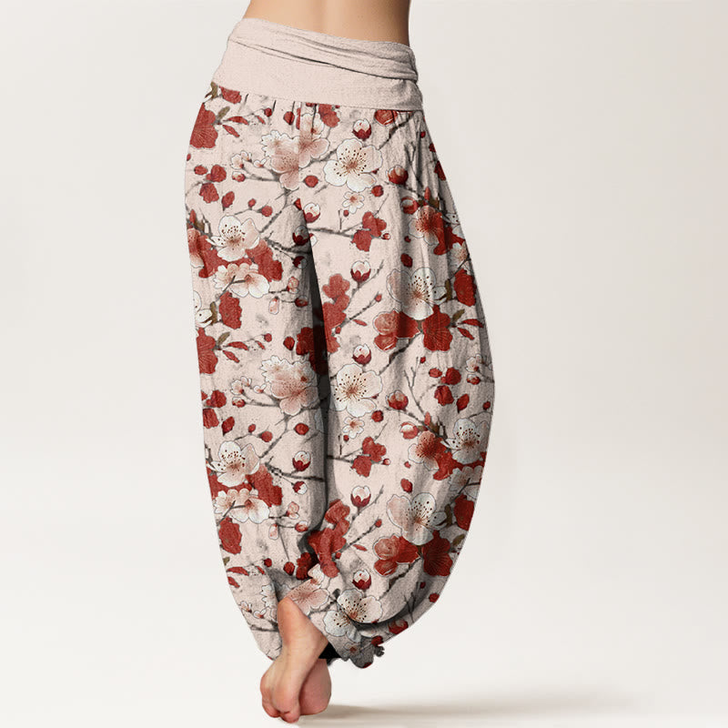 Pantalones harén con cintura elástica para mujer con diseño de flores de melocotón rosa y rojo y piedras de Buddha Stones - image 6