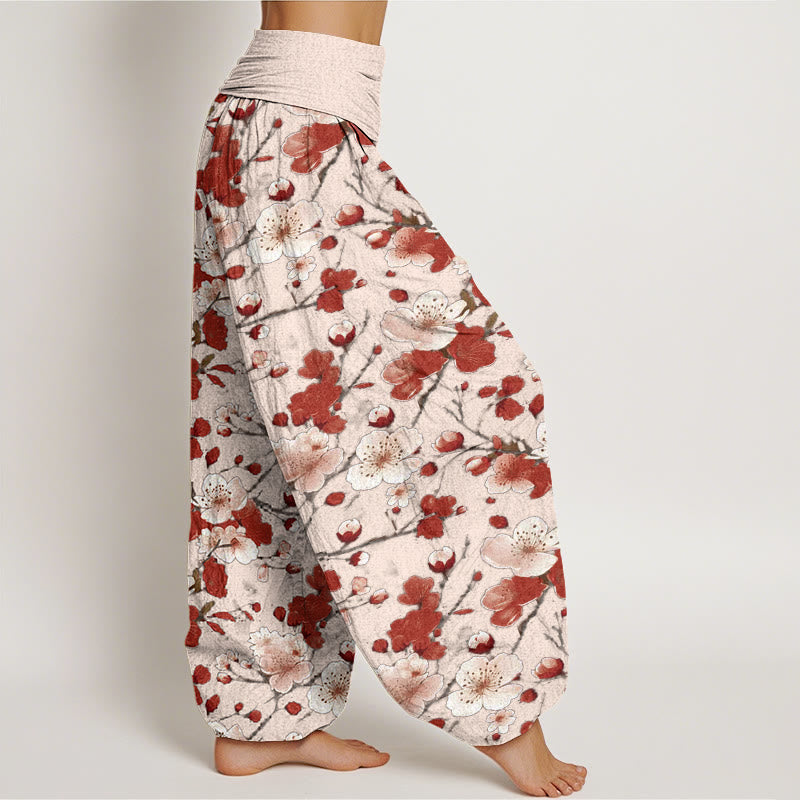 Pantalones bombachos de cintura elástica para mujer con diseño de flores de melocotón rosa y rojo con Buddha Stones y algodón. - image 6