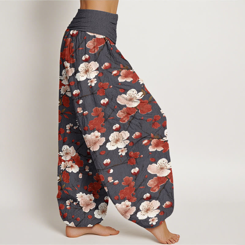 Pantalones harén con cintura elástica para mujer con diseño de flores de melocotón rosa y rojo y piedras de Buddha Stones - image 9
