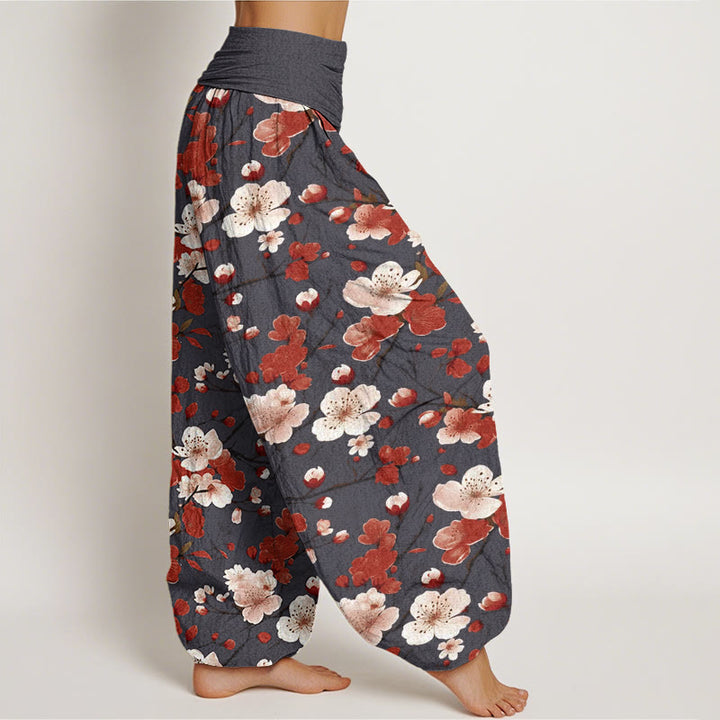 Pantalones harén con cintura elástica para mujer con diseño de flores de melocotón rosa y rojo y piedras de Buddha Stones - image 9