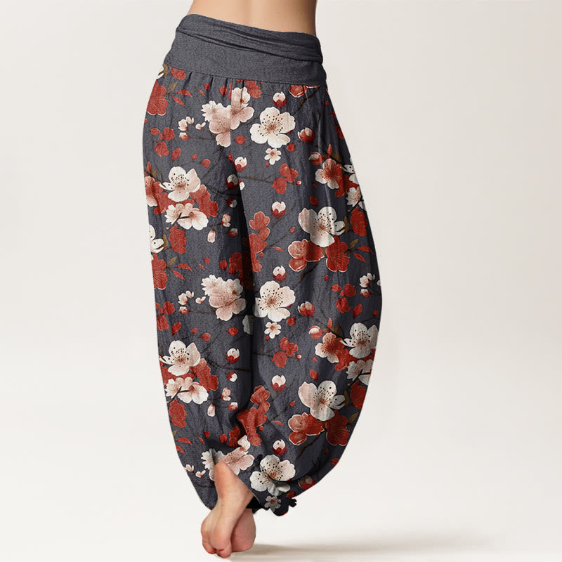 Pantalones harén con cintura elástica para mujer con diseño de flores de melocotón rosa y rojo y piedras de Buddha Stones - image 9