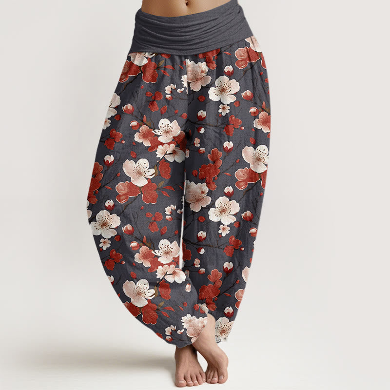 Pantalones harén con cintura elástica para mujer con diseño de flores de melocotón rosa y rojo y piedras de Buddha Stones - Gris - US22，UK/AU26，EU54 (6XL) - image 8