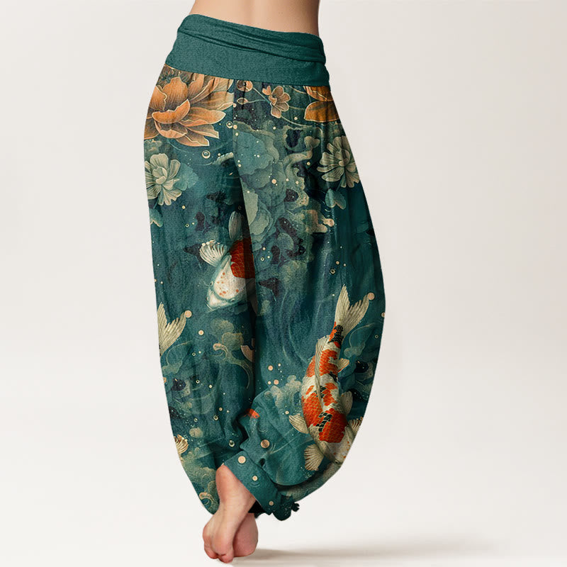 Pantalones bombachos de cintura elástica para mujer, de algodón con estampado de Buddha Stones, peces koi de colores y flores de loto. - image 1