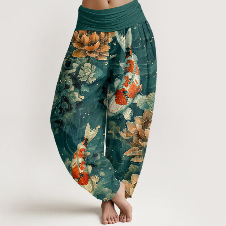 Pantalones harén con cintura elástica para mujer, con diseño de flores de loto y peces koi de colores y Buddha Stones - Verde mar claro - US22，UK/AU26，EU54 (6XL) - image 1