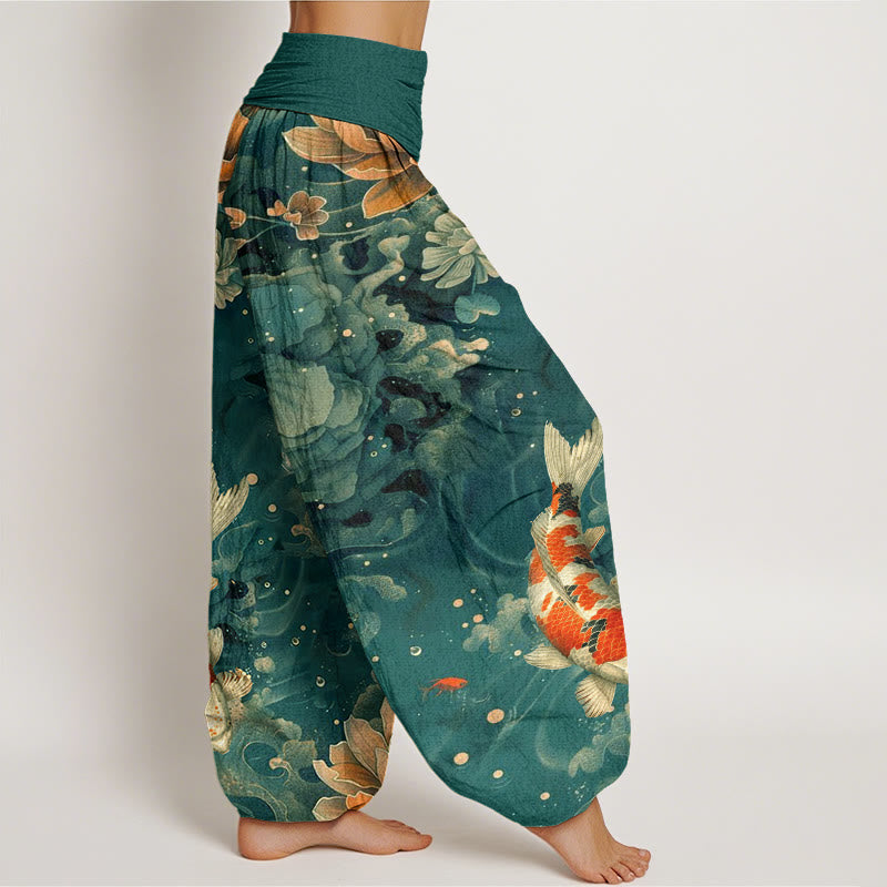Pantalones harén con cintura elástica para mujer, con diseño de flores de loto y peces koi de colores y Buddha Stones - image 3