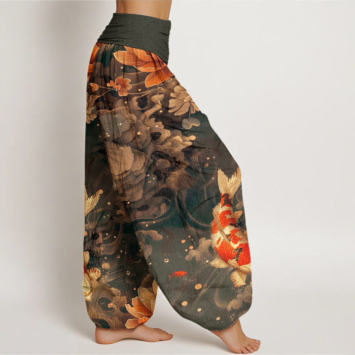 Pantalones harén con cintura elástica para mujer, con diseño de flores de loto y peces koi de colores y Buddha Stones - image 7