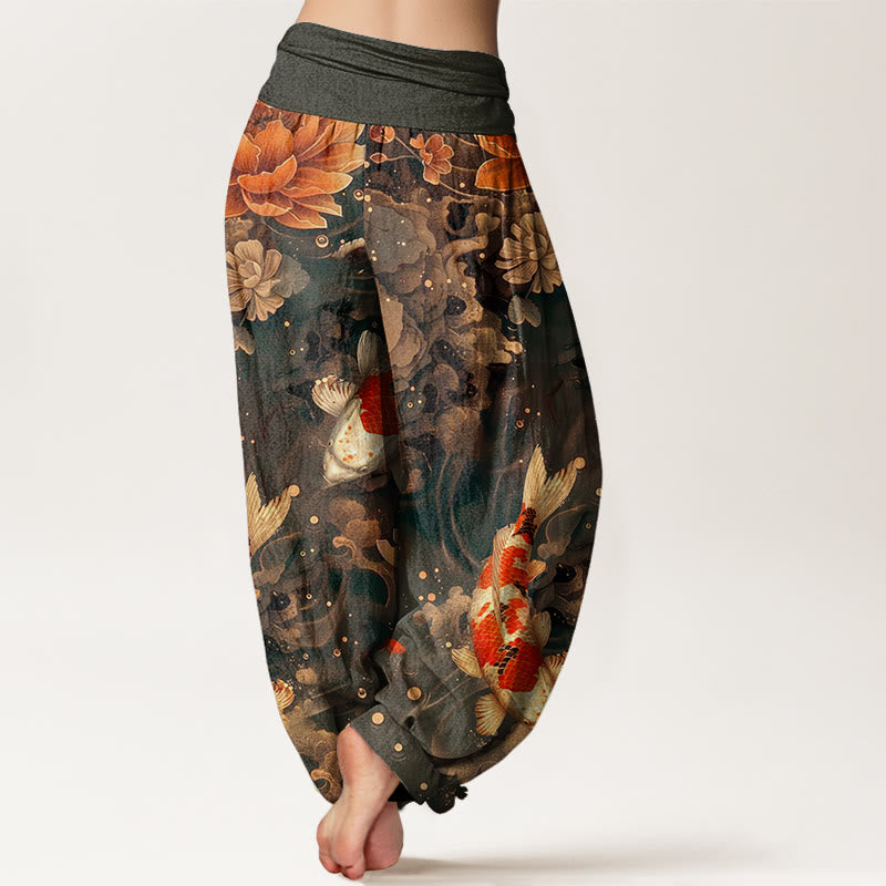 Pantalones harén con cintura elástica para mujer, con diseño de flores de loto y peces koi de colores y Buddha Stones - image 6