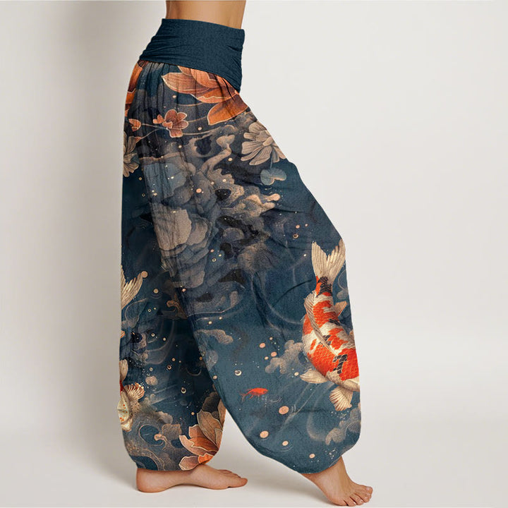 Pantalones harén con cintura elástica para mujer, con diseño de flores de loto y peces koi de colores y Buddha Stones - image 9