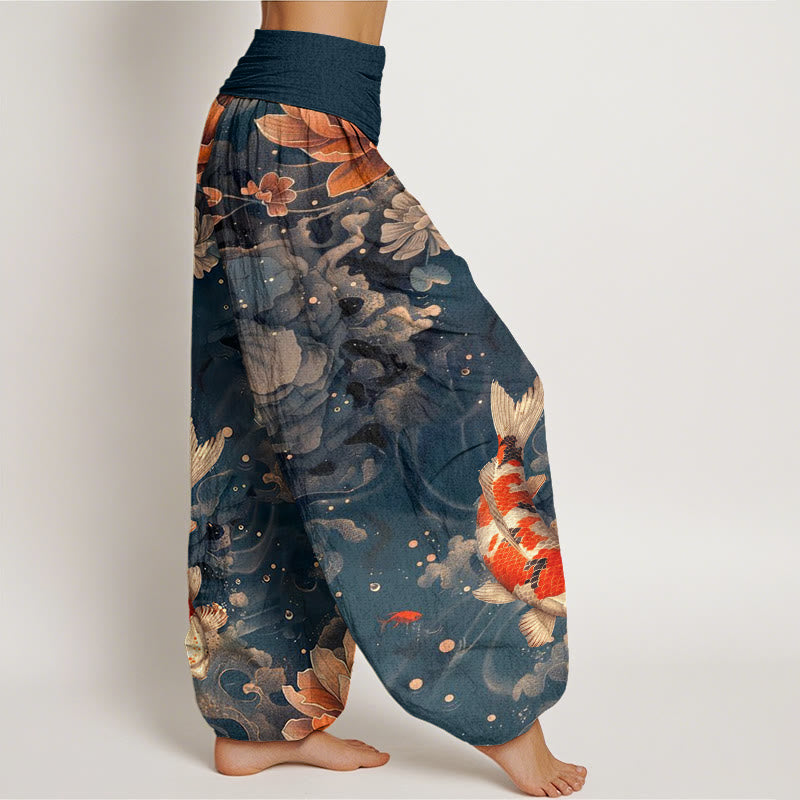 Pantalones bombachos de cintura elástica para mujer, de algodón con estampado de Buddha Stones, peces koi de colores y flores de loto. - image 9