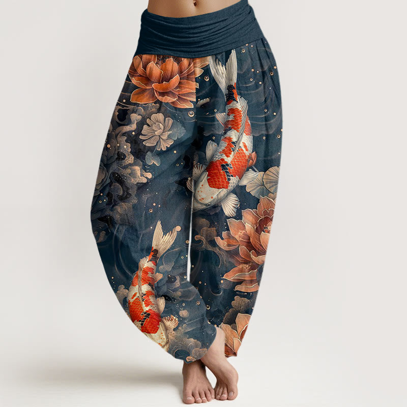 Pantalones harén con cintura elástica para mujer, con diseño de flores de loto y peces koi de colores y Buddha Stones - Azul acero - US22，UK/AU26，EU54 (6XL) - image 8