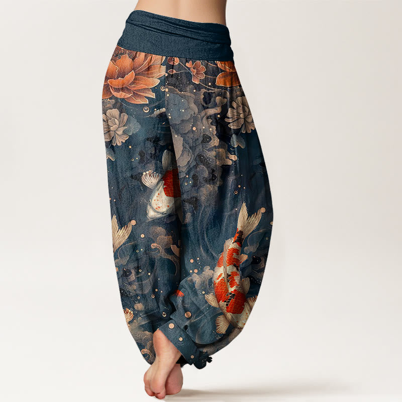 Pantalones harén con cintura elástica para mujer, con diseño de flores de loto y peces koi de colores y Buddha Stones - image 9