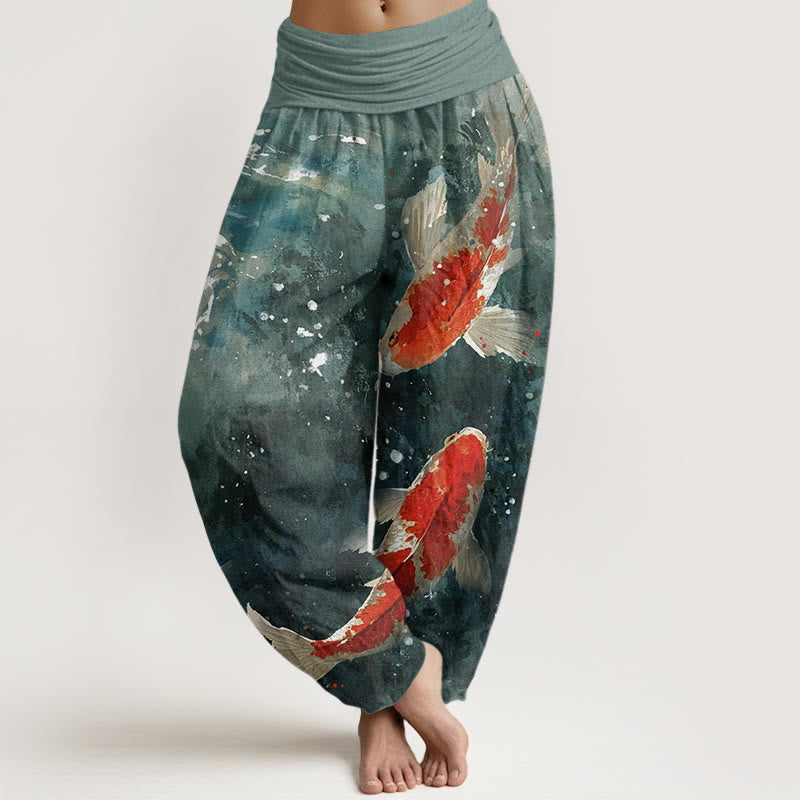 Pantalones harén con cintura elástica para mujer, con diseño de peces koi coloridos y piedras de Buddha Stones - Verde mar claro - US22，UK/AU26，EU54 (6XL) - image 1