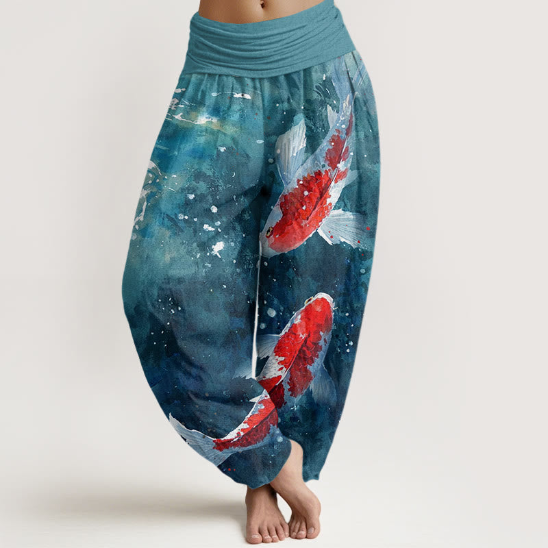 Pantalones harén con cintura elástica para mujer, con diseño de peces koi coloridos y piedras de Buddha Stones - Cadete Azul - US22，UK/AU26，EU54 (6XL) - image 8