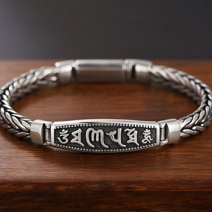 Pulsera de metal con Buddha Stones, tejido de cobre tibetano, con relieve Om Mani Padme Hum y Vajra Peace