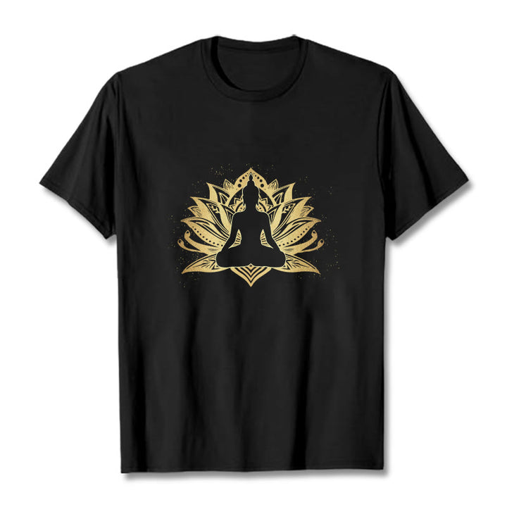 Camiseta de meditación de Buda con Buddha Stones y loto dorado - Negro - 2XL - image 0