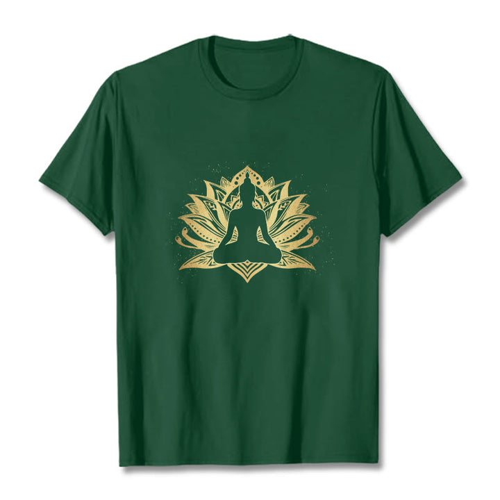Camiseta de meditación de Buda con Buddha Stones y loto dorado - Verde bosque - 2XL - image 11