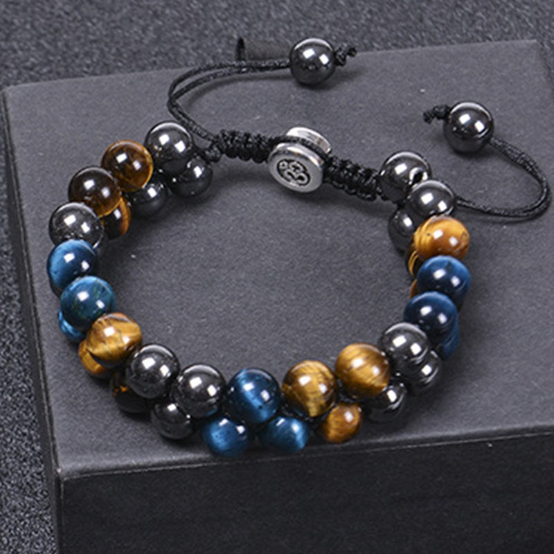 Pulsera de fuerza con cuentas de doble hilera de magnetita negra, ojo de tigre azul natural y Buddha Stones .